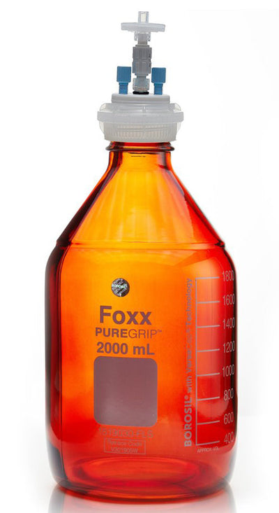 HPLC Solvent Reservoir Bottle Assembly, GL45, 2L Amber, Class VI Polytetrafluoroethylene (PTFE) Adapter, 2 Ports for 3.2mm(1/8") and/or 1.6mm(1/16") OD Tubing