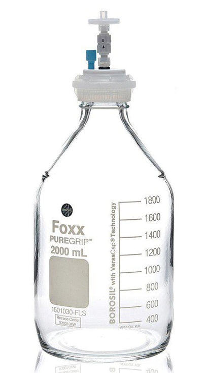 HPLC Solvent Reservoir Bottle Assembly, GL45, 2L Clear, Class VI Polytetrafluoroethylene (PTFE) Adapter, 1 Ports for 3.2mm(1/8") or 1.6mm(1/16") OD Tubing