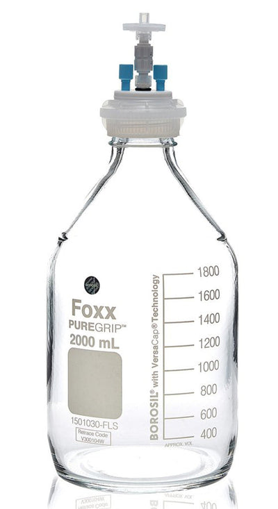 HPLC Solvent Reservoir Bottle Assembly, GL45, 2L Clear, Class VI Polytetrafluoroethylene (PTFE) Adapter, 2 Ports for 3.2mm(1/8") and/or 1.6mm(1/16") OD Tubing