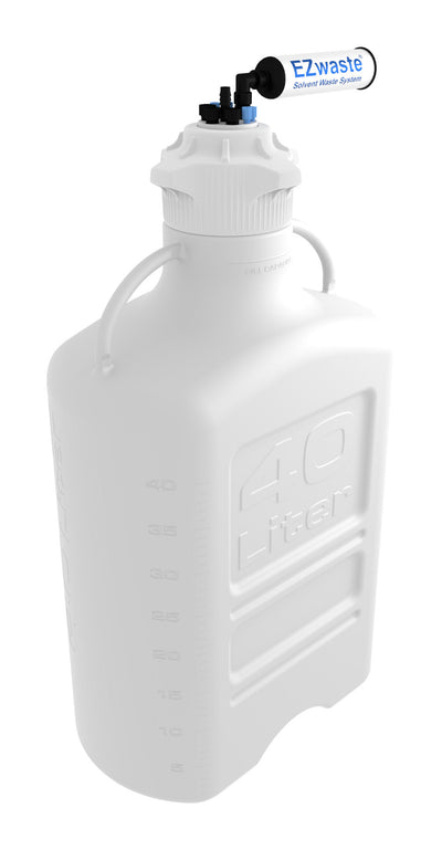 EZwaste® XL Safety Vent Carboy 40L High Density Poly Ethylene (HDPE) with VersaCap® 120mm, 4 Ports for 1/8" OD Tubing, 3 Ports for 1/4" OD Tubing, 1 Port for 1/4" HB or 3/8" HB and a Chemical Exhaust Filter