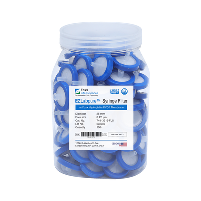 Filtres seringues hydrophiles EZlabpure™ en PVDF, membrane de 0,45 µm pour préfiltration et préparation d'échantillons, 25 mm, non stériles, paquet de 100.