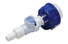 A white and blue plastic inline valve or filter component on a plain white background.