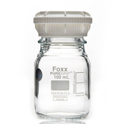 Flacons PUREGRIP® - Réactif - Transparents gradués avec bouchon à vis GL45 et anneau verseur - 100 ml - 10/carton