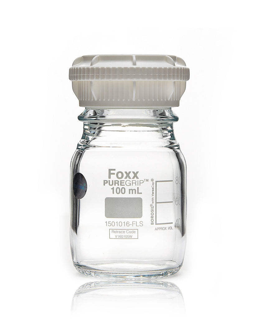 PUREGRIP® Bottles - Reagent - Transparent Graduated with GL45 Screw Cap and Pouring Ring - 100 mL - 10/case - SolventWaste.com