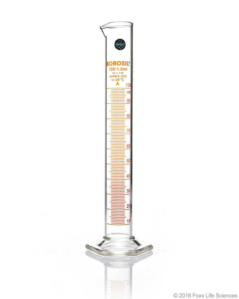 Graduated Measuring Cylinder - Batch Certificate Hexagonal Base - 100 mL Borosilicate - CS/5 - SolventWaste.com