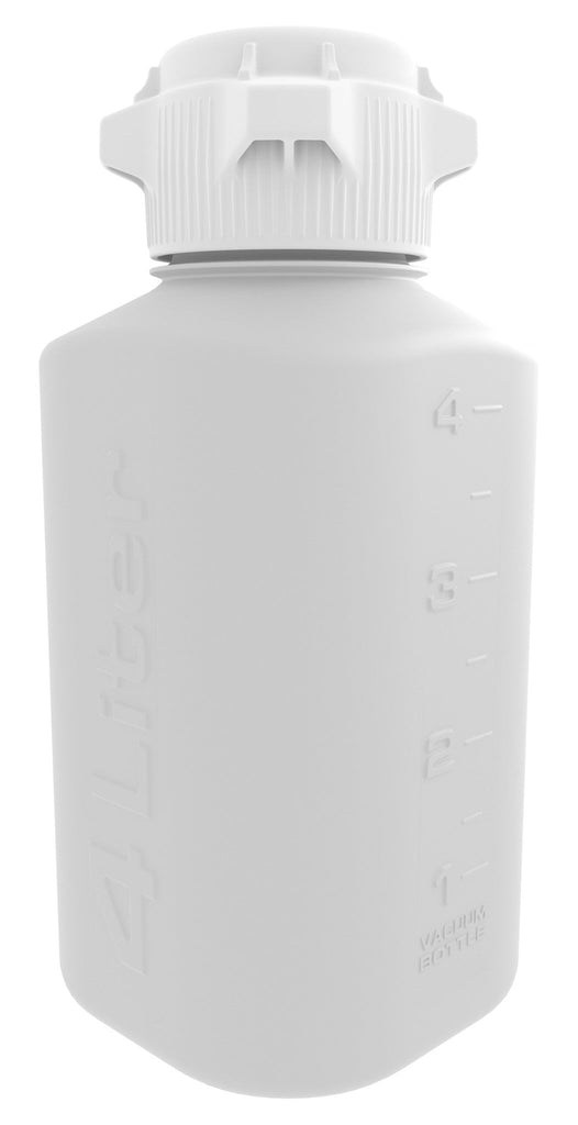 4L, HDPE, Heavy Duty Vacuum Bottle, Open 83mm Cap w/ Closed Adapter and 1/4" Hose Barb Adapter - SolventWaste.com