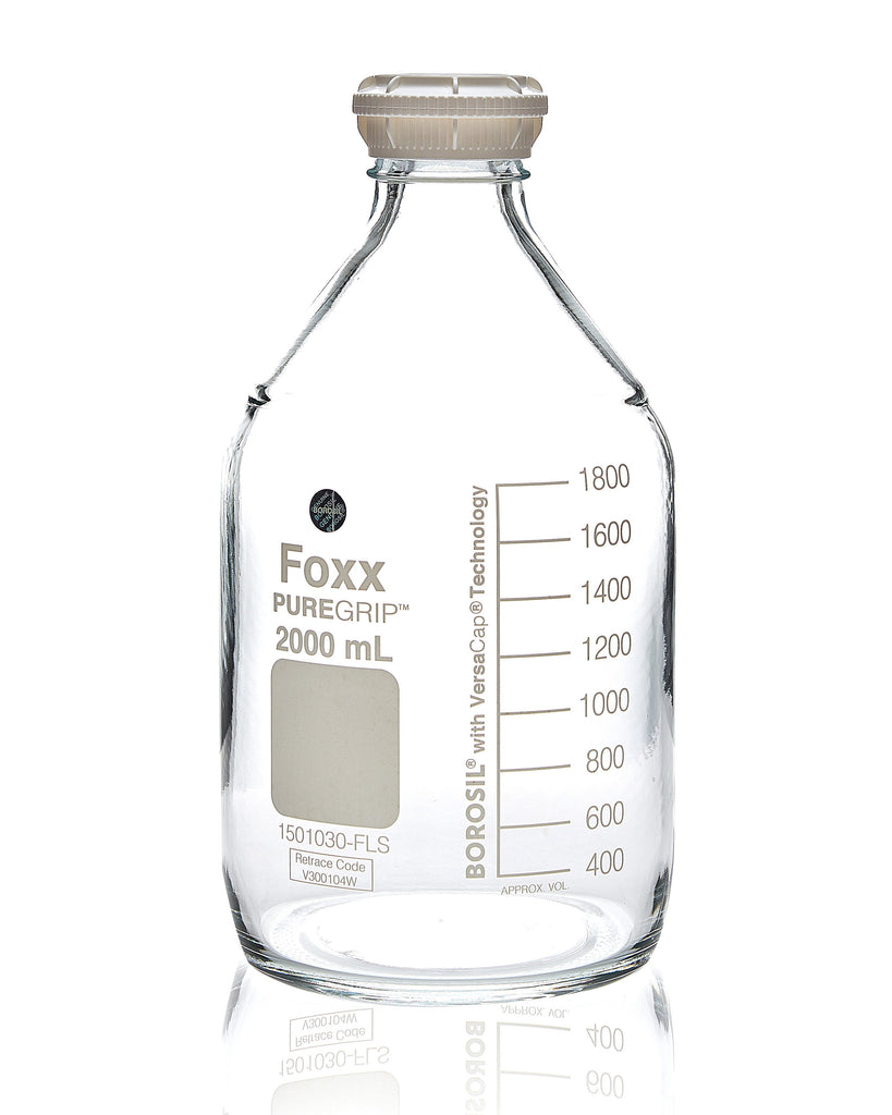 PUREGRIP® Bottles - Reagent - Transparent Graduated with GL45 Screw Cap and Pouring Ring - 2000mL - 10/case - SolventWaste.com