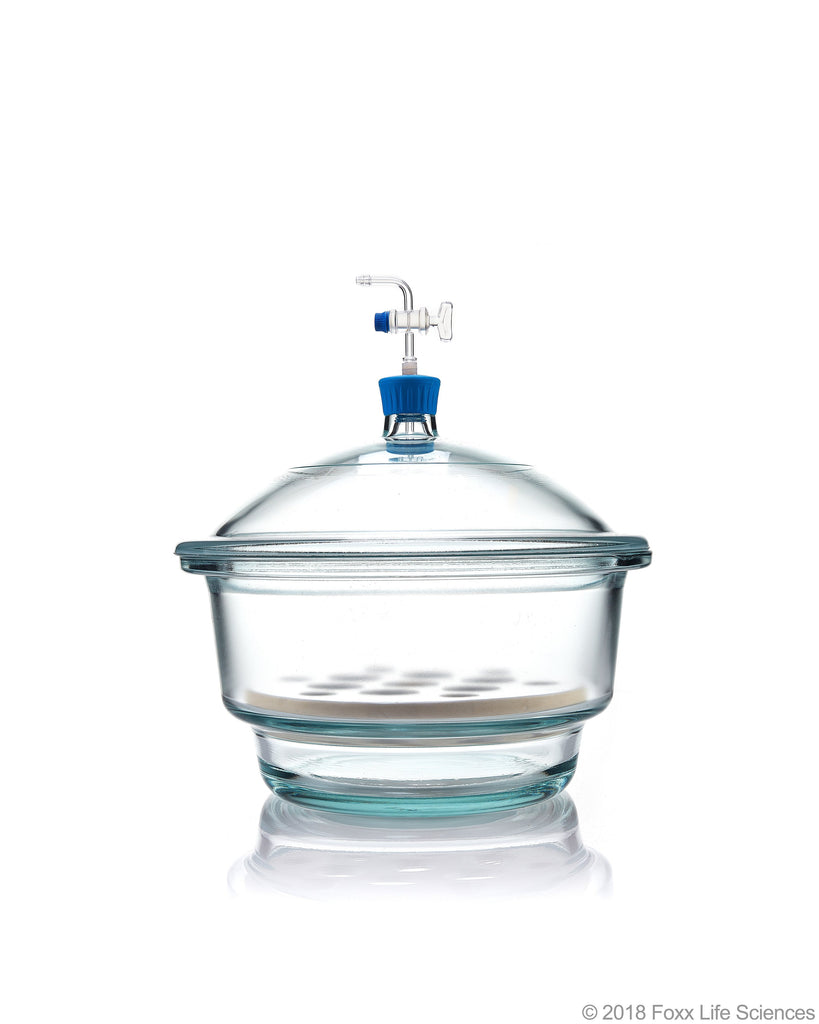 Borosil® Desiccator Vacuum - Stopcock with PTFE spindle and Porcelain plate - 250 mm - Borosilicate - SolventWaste.com