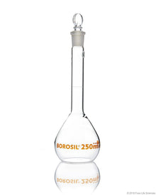Volumetric Flask - Wide Neck - With Glass I/C Stopper - Class A - Ind Cert 250 mL - SolventWaste.com