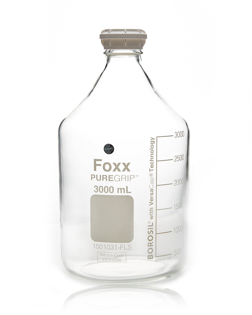 PUREGRIP® Bottles - Reagent - Transparent Graduated with GL45 Screw Cap and Pouring Ring - 3000mL - 2/case - SolventWaste.com