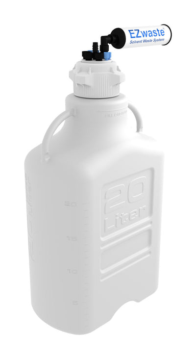 EZwaste® HD Safety Vent Carboy 20L HDPE with VersaCap® 83mm, 4 ports for 1/8" OD Tubing, 3 ports for 1/4" OD Tubing, 1 port for 1/4" HB or 3/8" HB