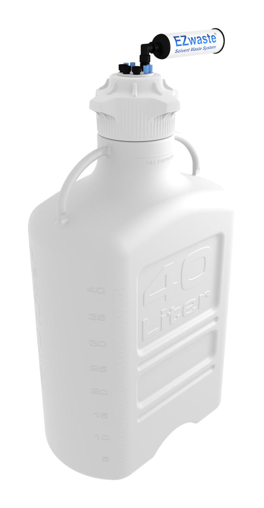 EZwaste® XL Safety Vent Carboy 40L HDPE with VersaCap® 120mm, 4 Ports for 1/8” OD Tubing, 3 Ports for ¼” OD Tubing and a Chemical Exhaust Filter - SolventWaste.com