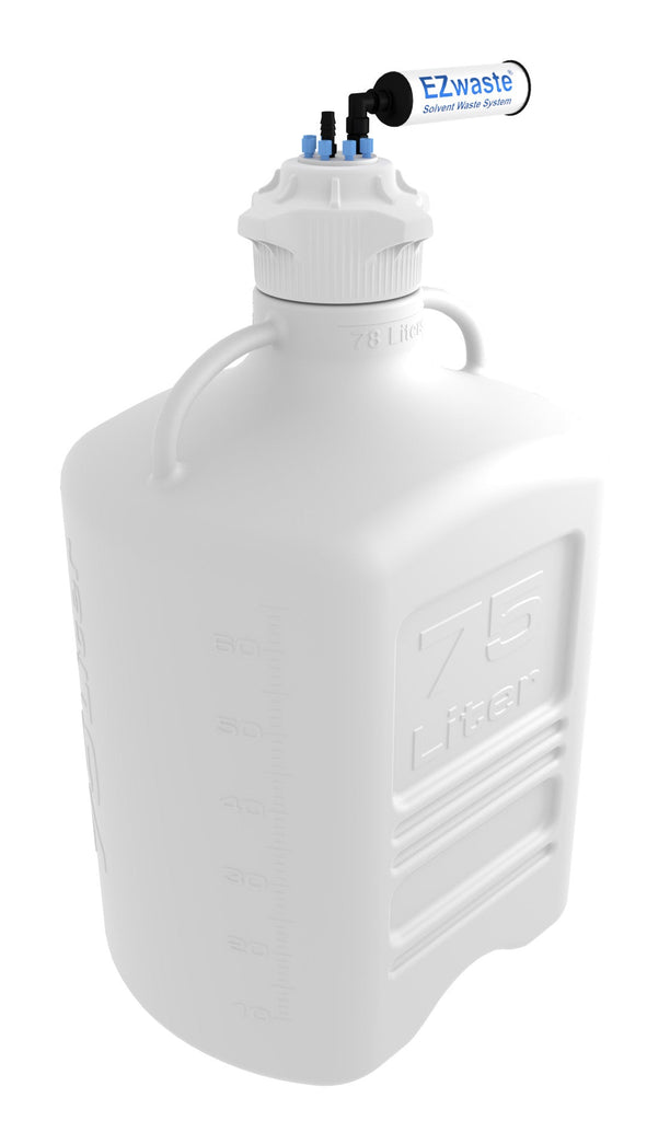 EZwaste® XL Safety Vent Carboy 75L HDPE with VersaCap® 120mm, 6 Ports for 1/8” OD Tubing, 1 Port for 1/4" HB or 3/8" HB Adapter and a Chemical Exhaust Filter - SolventWaste.com