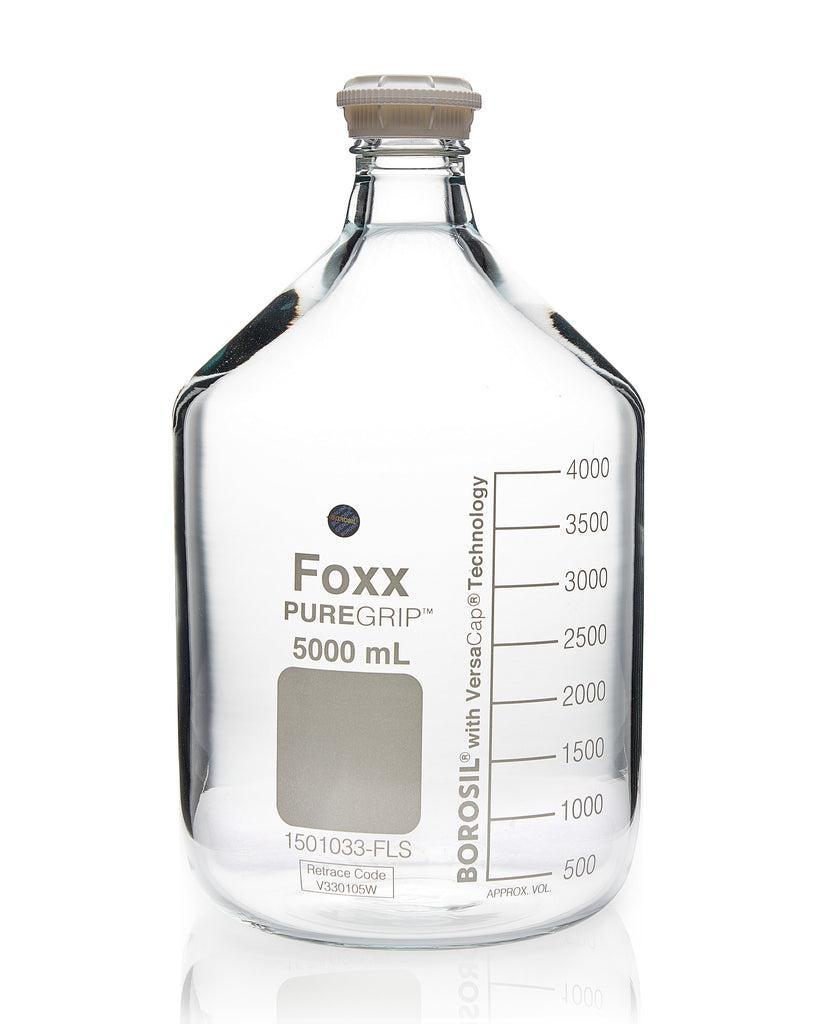 PUREGRIP® Bottles - Reagent - Transparent Graduated with GL45 Screw Cap and Pouring Ring - 5000mL - 1EA - SolventWaste.com