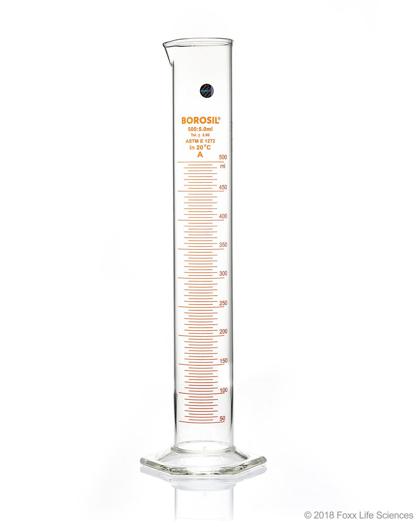 Graduated Measuring Cylinder Hexagonal Base - 500 mL Borosilicate - CS/4 - SolventWaste.com