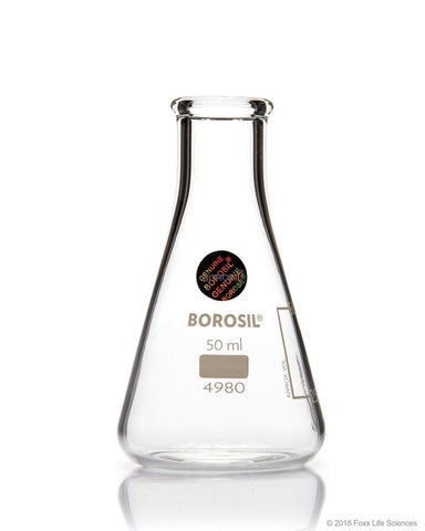 Borosil® Erlenmeyer Conical Flasks Narrow Mouth I/C Stopper 50mL - SolventWaste.com