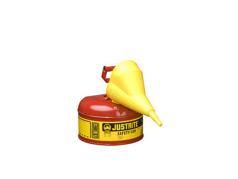 Type I Steel Safety Can for flammables, with Funnel, 1 gallon (4L), S/S flame arrester, self-close lid - SolventWaste.com