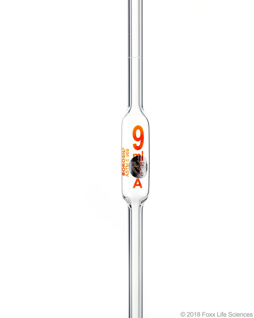 Borosil Volumetric Pipette Bulb Pipette Class A Accuracy ASTM Batch Certificate 9mL Borosilicate - SolventWaste.com
