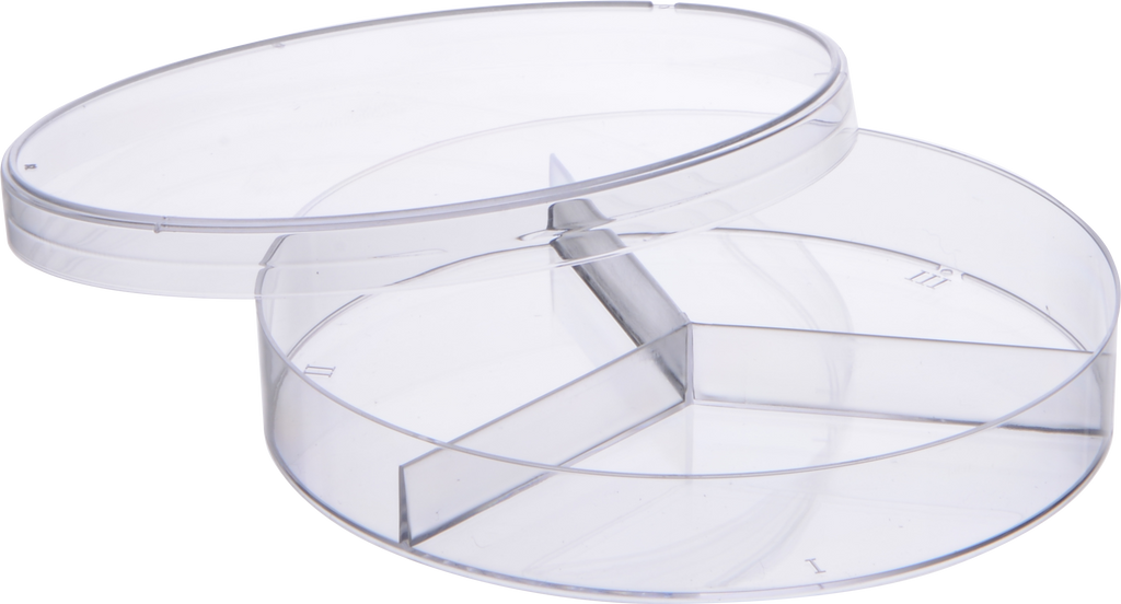 Abdos Petri Dish 90mm, Three Compartment, Height 15.80 mm, 0 Vents, Individually Wrapped, Sterile, 380/CS