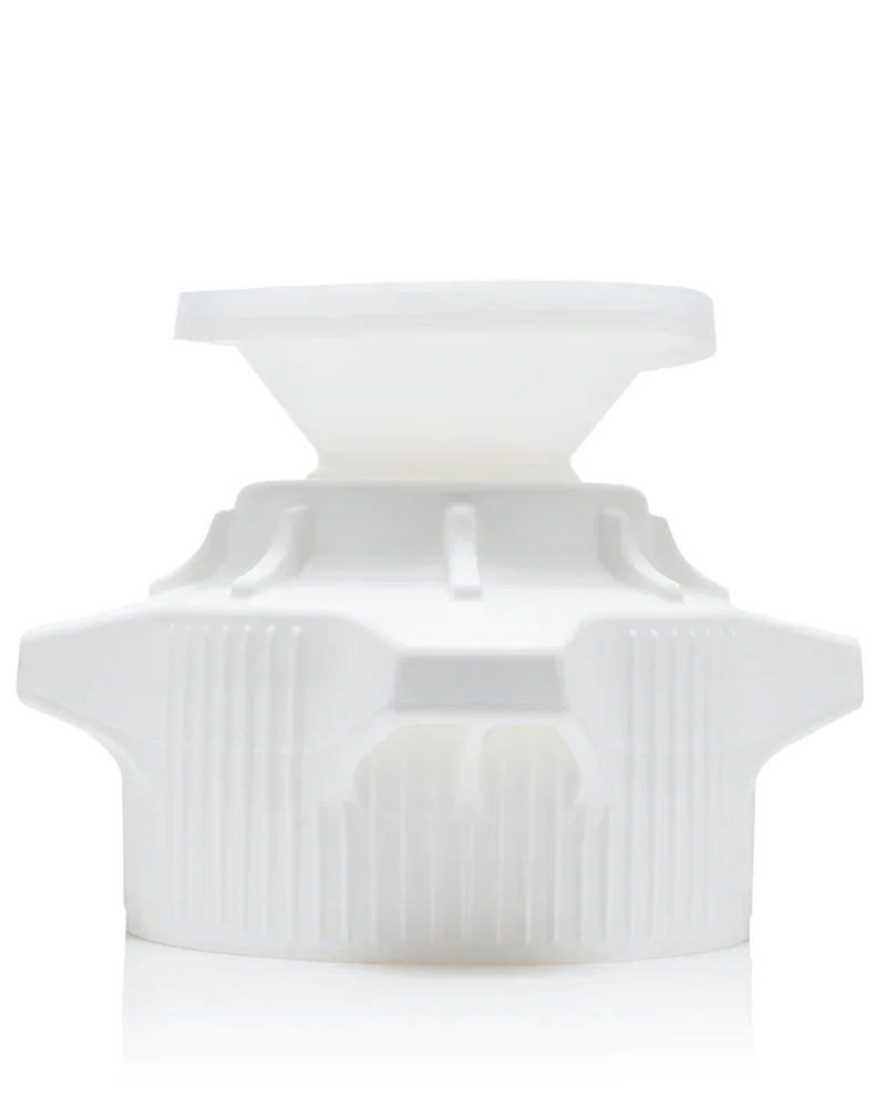 Assortment of carboy caps and adapters for laboratory use.