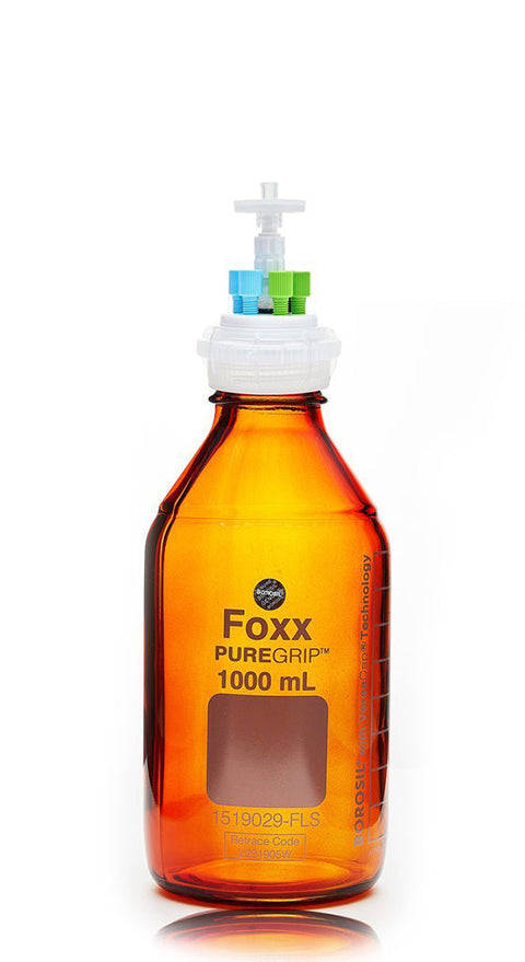 HPLC Solvent Reservoir Bottle Assembly, GL45, 1L Amber, Class VI Polytetrafluoroethylene (PTFE) Adapter,  4 Ports for 3.2mm(1/8") and/or | img_1 | Foxx Life Sciences Global | shopfls.com