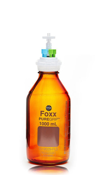 HPLC Solvent Reservoir Bottle Assembly, GL45, 1L Amber, Class VI Polytetrafluoroethylene (PTFE) Adapter,  4 Ports for 3.2mm(1/8") and/or | img_1 | Foxx Life Sciences Global | shopfls.com