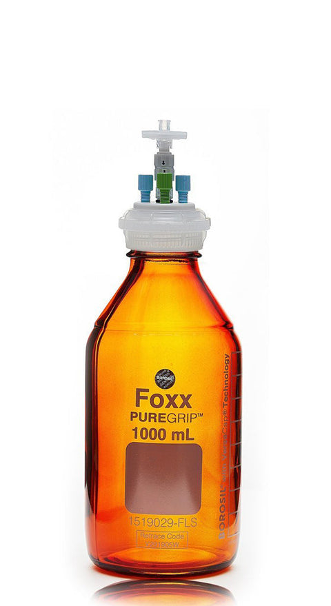 HPLC Solvent Reservoir Bottle Assembly, GL45, 1L Amber, Class VI Polytetrafluoroethylene (PTFE) Adapter,  3 Ports for 3.2mm(1/8") and/or | img_1 | Foxx Life Sciences Global | shopfls.com