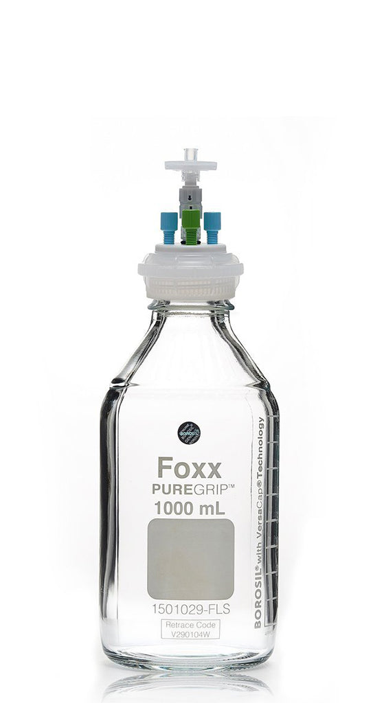 HPLC Solvent Reservoir Bottle Assembly,  GL45, 1L Clear, Class VI Polytetrafluoroethylene (PTFE) Adapter,  3 Ports for 3.2mm(1/8") and/or | img_1 | Foxx Life Sciences Global | shopfls.com