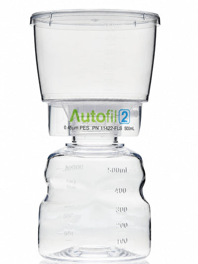Sistema di filtrazione Autofil® 2 per bottiglie, completo di unità filtrante, 500 ml, filtro in PES da 0,45 µm, sterile, confezione da 12 pezzi.
