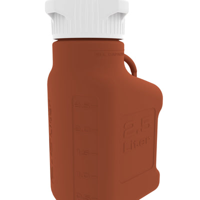 Bonbonne EZBio®, en polyéthylène haute densité (PEHD) ambré, 2,5 L, sans robinet, VersaCap® 83B, double emballage, non stérile