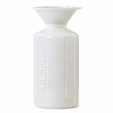 A white ceramic vase with a wide flared top and embossed measurement markings on the front, including the text '1 Liter' and volume indicators, set against a plain white background.
