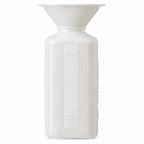 A white plastic funnel-shaped bottle with embossed measurement markings on the front, shown against a plain white background.