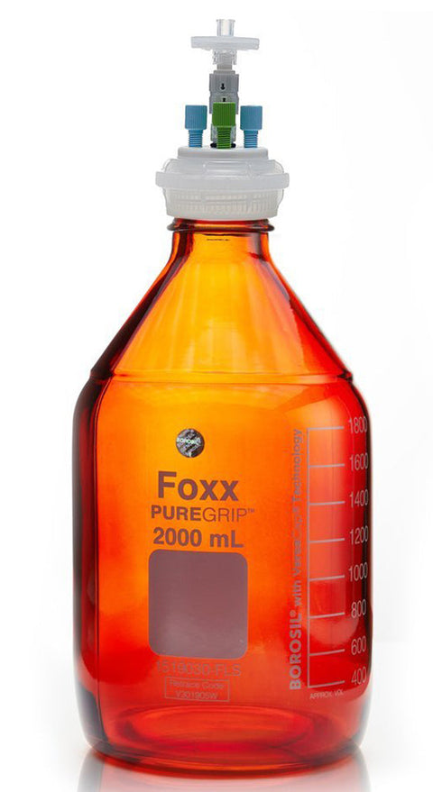 HPLC Solvent Reservoir Bottle Assembly, GL45, 2L Amber, Class VI Polytetrafluoroethylene (PTFE) Adapter,  3 Ports for 3.2mm(1/8") and/or | img_1 | Foxx Life Sciences Global | shopfls.com