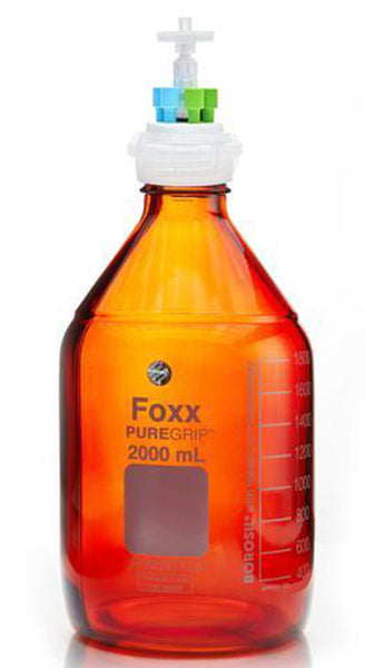HPLC Solvent Reservoir Bottle Assembly, GL45, 2L Amber, Class VI Polytetrafluoroethylene (PTFE) Adapter,  4 Ports for 3.2mm(1/8") and/or | img_1 | Foxx Life Sciences Global | shopfls.com