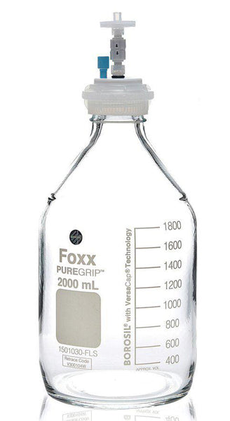 HPLC Solvent Reservoir Bottle Assembly, GL45, 2L Clear, Class VI Polytetrafluoroethylene (PTFE) Adapter,  1 Ports for 3.2mm(1/8") or 1.6mm(1/16") OD | img_1 | Foxx Life Sciences Global | shopfls.com