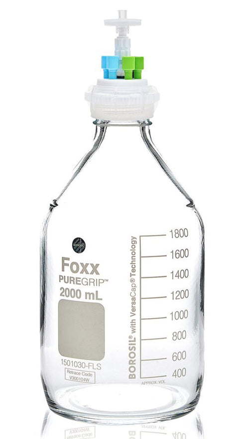 HPLC Solvent Reservoir Bottle Assembly, GL45, 2L Clear, Class VI Polytetrafluoroethylene (PTFE) Adapter,  4 Ports for 3.2mm(1/8") and/or | img_1 | Foxx Life Sciences Global | shopfls.com