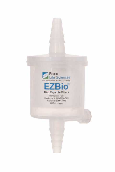 Foxx Life Sciences EZBio mini capsule filter on a white background