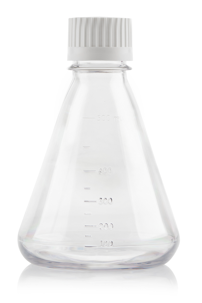 EZBio®pure® 500mL sterile Erlenmeyer Flask with baffle base and vented VersaCap® 38-430, built for sterile lab workflows and optimized mixing | img_1 | Foxx Life Sciences Global | shopfls.com