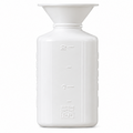 A white plastic funnel-shaped bottle with embossed measurement markings, shown against a plain white background.