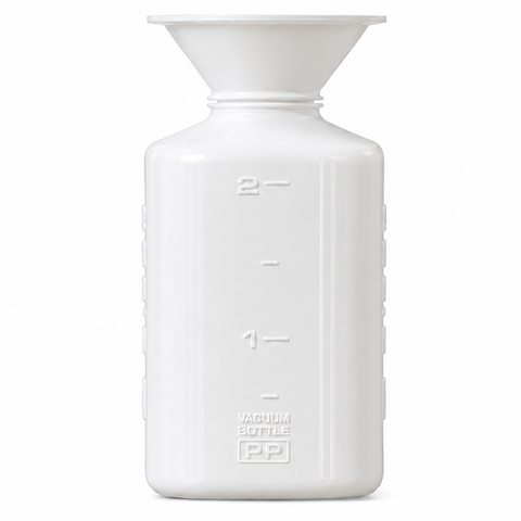 A white plastic funnel-shaped bottle with embossed measurement markings, shown against a plain white background.
