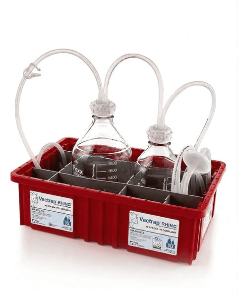 Red caddy with three bottles and hoses on a white background