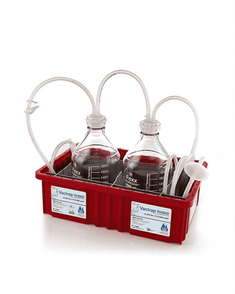 Red lab apparatus with two bottles and a pump on a white background