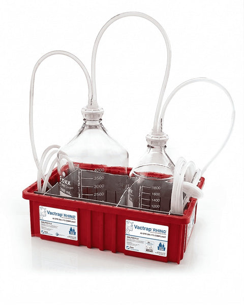 Laboratory setup with two beakers and a red holder on a white background