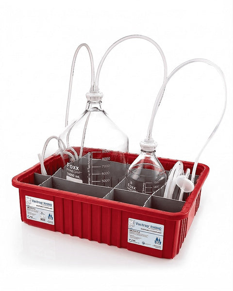 Red lab stand with beakers and bottles on a white background