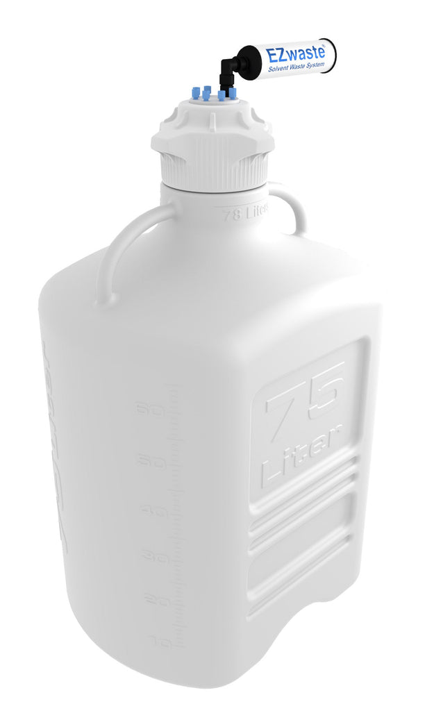 EZwaste® Safety Vent Carboy 75L High Density Poly Ethylene (HDPE) with VersaCap® 120mm and EZ Top adapter, 6 Ports for 1/8'' OD Tubing and a | img_1 | Foxx Life Sciences Global | shopfls.com
