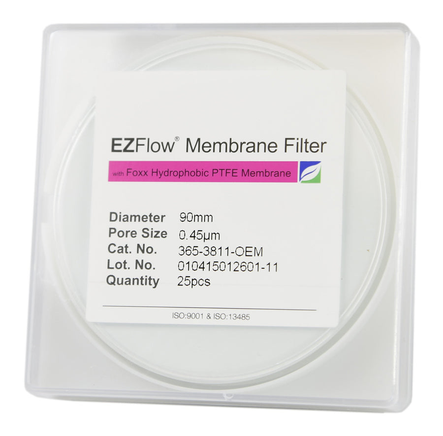 EZFlow® 90mm PTFE Filter, 0.45µm - Hydrophobic Membrane Disc, 25 pack. Laboratory filtration for reliable research results. | img_1 | Foxx Life Sciences Global | shopfls.com