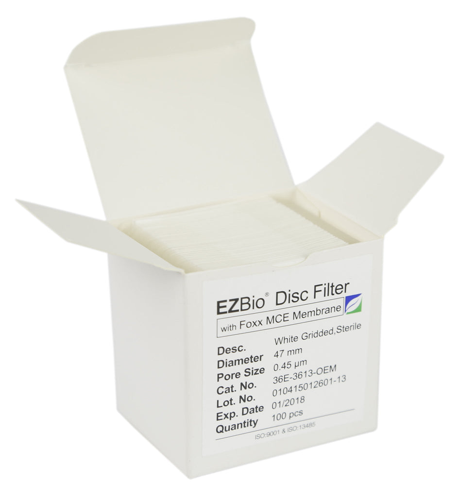 Sterile 47mm 0.45µm MCE EZBio® Gridded Disc Filters - 100 pack for laboratory research. | img_1 | Foxx Life Sciences Global | shopfls.com