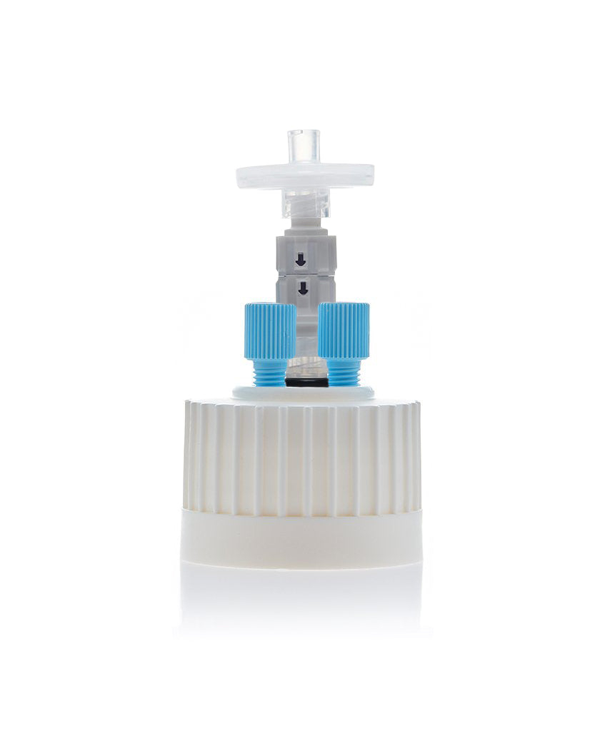 HPLC Solvent Reservoir ChromCap™ 300 Assembly, 38-430, Class VI Polytetrafluoroethylene (PTFE) Adapter,  2 Ports for 3.2mm(1/8") and/or 1.6mm(1/16") | img_1 | Foxx Life Sciences Global | shopfls.com