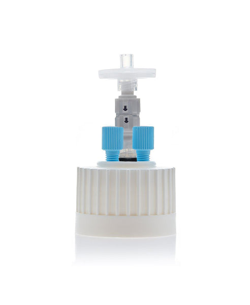 HPLC Solvent Reservoir ChromCap™ 300 Assembly, 38-430, Class VI Polytetrafluoroethylene (PTFE) Adapter,  2 Ports for 3.2mm(1/8") and/or 1.6mm(1/16") | img_1 | Foxx Life Sciences Global | shopfls.com
