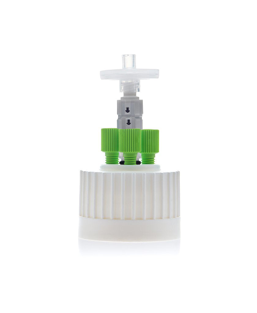 HPLC Solvent Reservoir ChromCap™ 300 Assembly, 38-430, Class VI Polytetrafluoroethylene (PTFE) Adapter,  3 Ports for 3.2mm(1/8") and/or 1.6mm(1/16") | img_1 | Foxx Life Sciences Global | shopfls.com